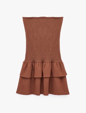 Bürümcük Kumaş Katlı Volanlı Slim Fit Gipeli Straplez Mini Elbise