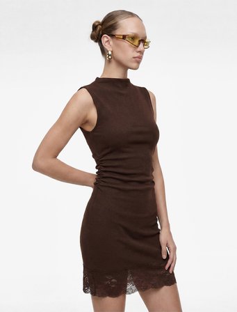 Modal Karışımlı Slim Fit Dik Yaka Kolsuz Mini Dantelli Elbise