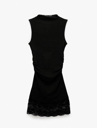 Modal Karışımlı Slim Fit Dik Yaka Kolsuz Mini Dantelli Elbise