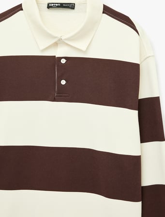 Uzun Kollu Rahat Kalıp Çizgili Düğmeli Polo Yaka Sweatshirt