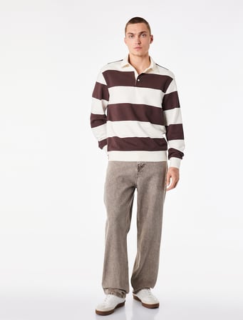 Uzun Kollu Rahat Kalıp Çizgili Düğmeli Polo Yaka Sweatshirt