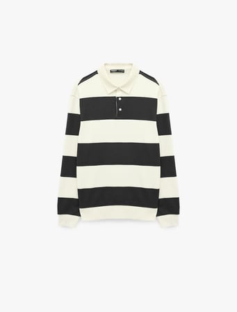 Uzun Kollu Rahat Kalıp Çizgili Düğmeli Polo Yaka Sweatshirt