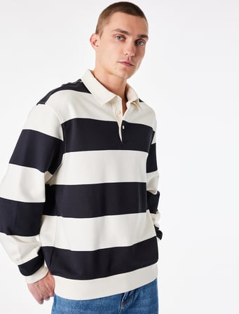 Uzun Kollu Rahat Kalıp Çizgili Düğmeli Polo Yaka Sweatshirt