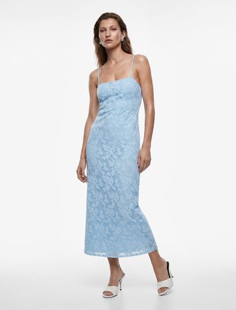 Slim Fit Floral Dantel Dokulu İnce Askılı Midi Elbise