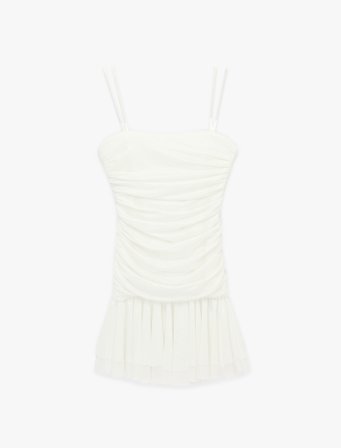 İp Askılı Drape Detaylı Katlı Tül Simli Mini Bridal Elbise