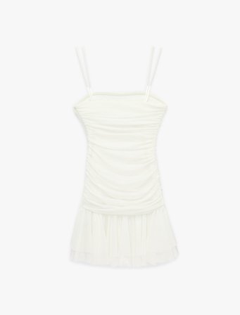 İp Askılı Drape Detaylı Katlı Tül Simli Mini Bridal Elbise
