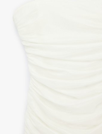 İp Askılı Drape Detaylı Katlı Tül Simli Mini Bridal Elbise