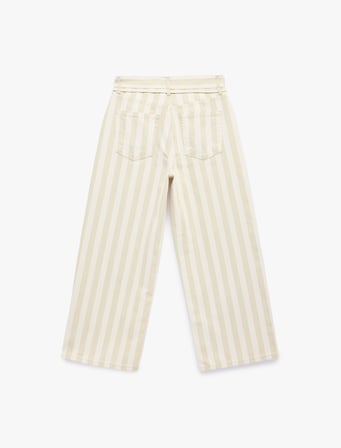 Pamuklu Beli Bağcıklı Çizgili Kısa Geniş Paça Pantolon -  Crop Wide Leg Jeans