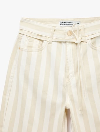 Pamuklu Beli Bağcıklı Çizgili Kısa Geniş Paça Pantolon -  Crop Wide Leg Jeans