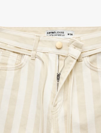Pamuklu Beli Bağcıklı Çizgili Kısa Geniş Paça Pantolon -  Crop Wide Leg Jeans