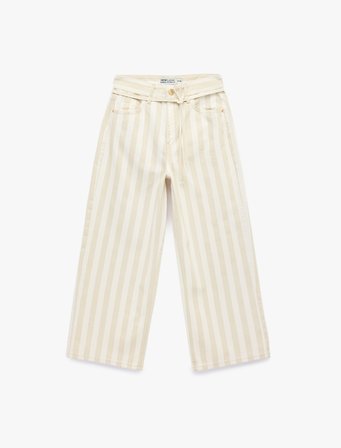Pamuklu Beli Bağcıklı Çizgili Kısa Geniş Paça Pantolon -  Crop Wide Leg Jeans