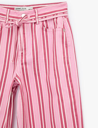 Pamuklu Beli Bağcıklı Çizgili Kısa Geniş Paça Pantolon -  Crop Wide Leg Jeans