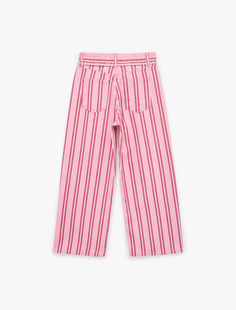 Pamuklu Beli Bağcıklı Çizgili Kısa Geniş Paça Pantolon -  Crop Wide Leg Jeans