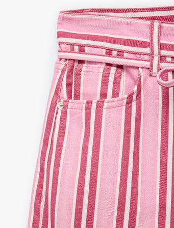 Pamuklu Beli Bağcıklı Çizgili Kısa Geniş Paça Pantolon -  Crop Wide Leg Jeans
