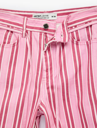 Pamuklu Beli Bağcıklı Çizgili Kısa Geniş Paça Pantolon -  Crop Wide Leg Jeans