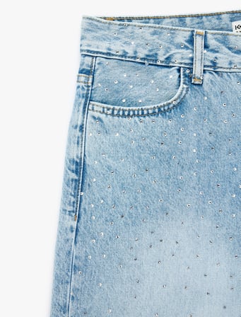 Taş Detaylı Düz Paça Normal Bel Pamuklu Baggy Denim Pantolon - Baggy Jeans