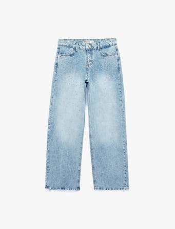 Taş Detaylı Düz Paça Normal Bel Pamuklu Baggy Denim Pantolon - Baggy Jeans