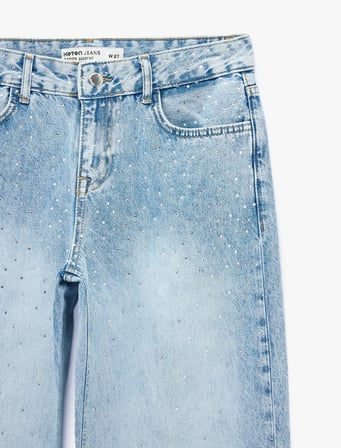 Taş Detaylı Düz Paça Normal Bel Pamuklu Baggy Denim Pantolon - Baggy Jeans
