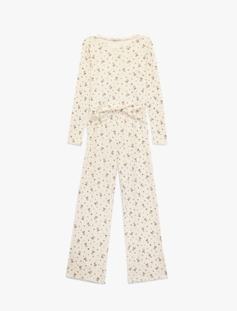 Pamuklu Uzun Kollu Bisiklet Yaka Fiyonklu Pijama Takımı