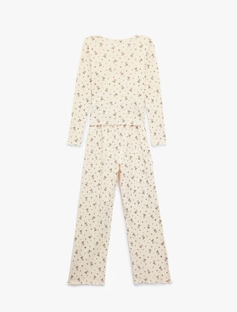 Pamuklu Uzun Kollu Bisiklet Yaka Fiyonklu Pijama Takımı