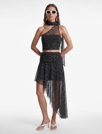 Koton X Sibil Çetinkaya - Fular Detaylı Halter Yaka Tek Omuz Puantiyeli Tül Top