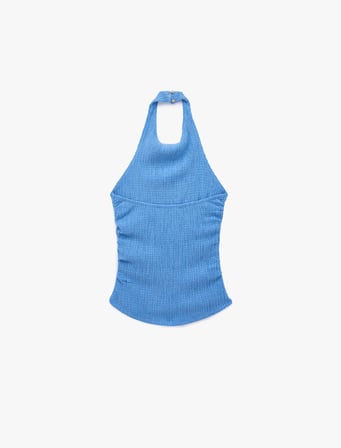 Koton X Sibil Çetinkaya - Bürümcük Kumaş Sırt Dekolteli Degaje Halter Yaka Bluz