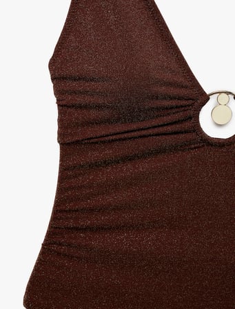 Pencere Detaylı Derin V Yaka Metal Aksesuarlı Büzgülü Metalik Mayo