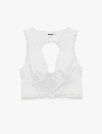 Koton X Sibil Çetinkaya - Slim Fit Düğmeli Brodeli Dantel Detaylı Sırt Dekolteli Büstiyer