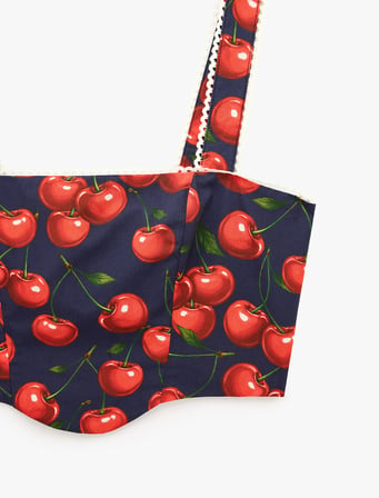 Koton X Sibil Çetinkaya -  Pamuklu Poplin Dantel Detaylı Kiraz Baskılı Askılı Crop Büstiyer