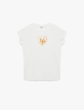 Koton X Sibil Çetinkaya - Pamuklu Slim Fit Kısa Kollu Kalpli Tavşan Baskılı Tişört