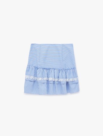 Koton X Sibil Çetinkaya - Fırfırlı Dantel Detaylı Çizgili Poplin Mini Etek