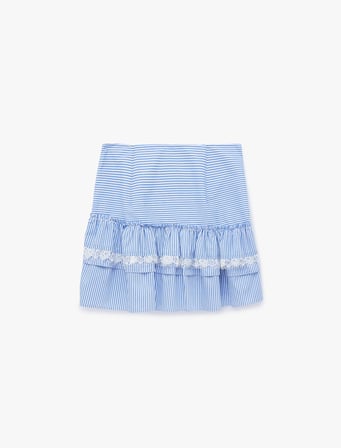 Koton X Sibil Çetinkaya - Fırfırlı Dantel Detaylı Çizgili Poplin Mini Etek