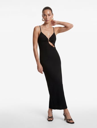 Koton X Sibil Çetinkaya - Bürümcük Kumaş Aksesuarlı Yırtmaçlı Çapraz İp Askılı Uzun Bodycon Elbise