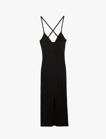 Koton X Sibil Çetinkaya - Bürümcük Kumaş Aksesuarlı Yırtmaçlı Çapraz İp Askılı Uzun Bodycon Elbise