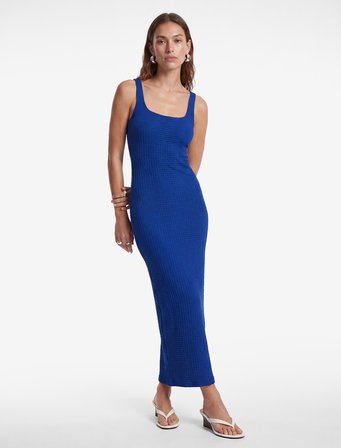 Koton X Sibil Çetinkaya - Kare Yaka Kalın Askılı Kobalt Mavi Bodycon Uzun Kalem Elbise