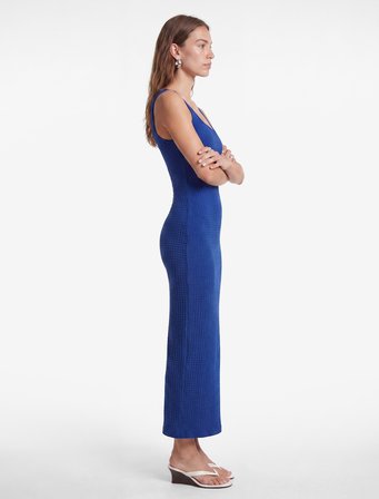 Koton X Sibil Çetinkaya - Kare Yaka Kalın Askılı Kobalt Mavi Bodycon Uzun Kalem Elbise