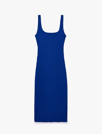 Koton X Sibil Çetinkaya - Kare Yaka Kalın Askılı Kobalt Mavi Bodycon Uzun Kalem Elbise