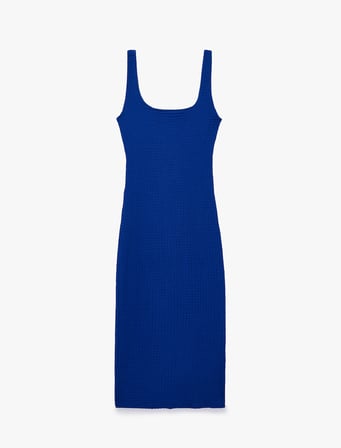 Koton X Sibil Çetinkaya - Kare Yaka Kalın Askılı Kobalt Mavi Bodycon Uzun Kalem Elbise