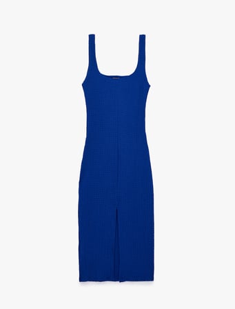 Koton X Sibil Çetinkaya - Kare Yaka Kalın Askılı Kobalt Mavi Bodycon Uzun Kalem Elbise