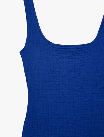 Koton X Sibil Çetinkaya - Kare Yaka Kalın Askılı Kobalt Mavi Bodycon Uzun Kalem Elbise