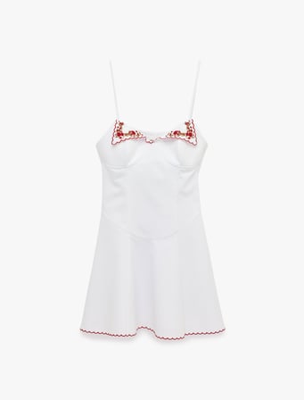 Koton X Sibil Çetinkaya - Pamuklu Kalp Yaka Çiçek İşleme Detaylı Korse Detaylı İnce Askılı Mini Poplin Elbise