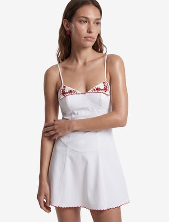 Koton X Sibil Çetinkaya - Pamuklu Kalp Yaka Çiçek İşleme Detaylı Korse Detaylı İnce Askılı Mini Poplin Elbise