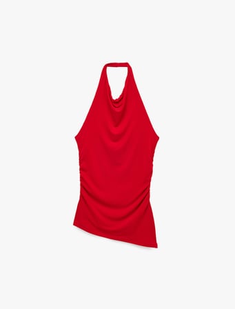 Asimetrik Kesim Slim Fit Drapeli Kolsuz Degaje Yaka Bluz