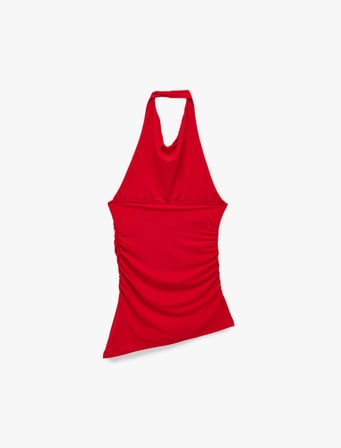 Asimetrik Kesim Slim Fit Drapeli Kolsuz Degaje Yaka Bluz