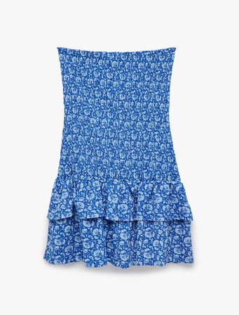 Slim Fit Straplez Kolsuz Katlı Volanlı Gipeli Mini Çiçekli Elbise