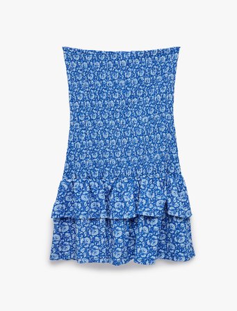 Slim Fit Straplez Kolsuz Katlı Volanlı Gipeli Mini Çiçekli Elbise