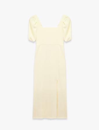 Kare Yaka Sırtı Bağcıklı Slim Fit Kısa Balon Kol Yırtmaçlı Midi Bodycon Elbise