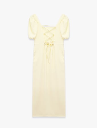 Kare Yaka Sırtı Bağcıklı Slim Fit Kısa Balon Kol Yırtmaçlı Midi Bodycon Elbise