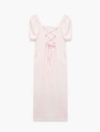 Kare Yaka Sırtı Bağcıklı Slim Fit Kısa Balon Kol Yırtmaçlı Midi Bodycon Elbise