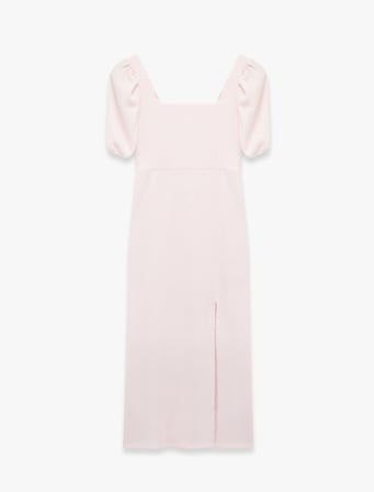 Kare Yaka Sırtı Bağcıklı Slim Fit Kısa Balon Kol Yırtmaçlı Midi Bodycon Elbise
